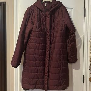 Fabletics burgundy long puffer coat-L